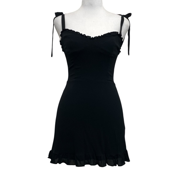 Reformation Black Christine Tie Shoulder Ruffle Hem Mini Dress - Picture 3 of 14